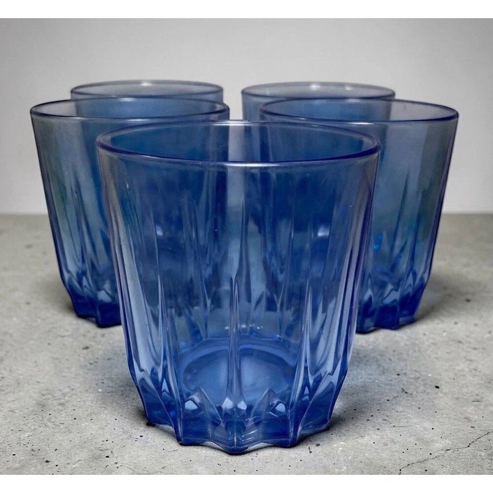 Vintage Arcoroc France Cobalt Blue Rocks Glasses Set of 5 10oz Faceted Tumblers